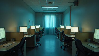 Empty office room with dim lighting and rows of desks