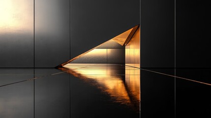 A sharp-edged golden triangle resting on a sleek black mirror surface, with its perfect reflection creating an illusion of infinite depth.