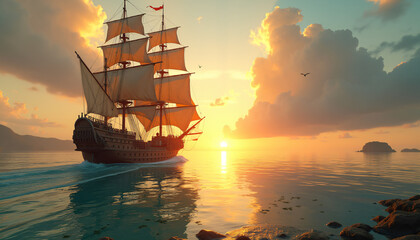 Obraz premium Sailing ship on the ocean at sunset with dramatic clouds