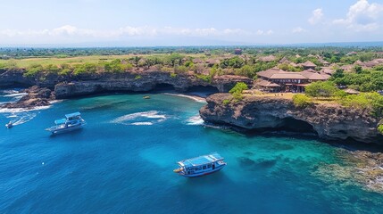 Scenic Coastal View with Boats and Lush Greenery