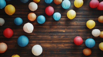 Colorful Lanterns on Wooden Background