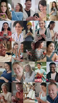 People, happy or phone in collage for networking, social media or streaming platform. Smile, mobile or society diversity in montage with connectivity, internet or communication innovation for contact