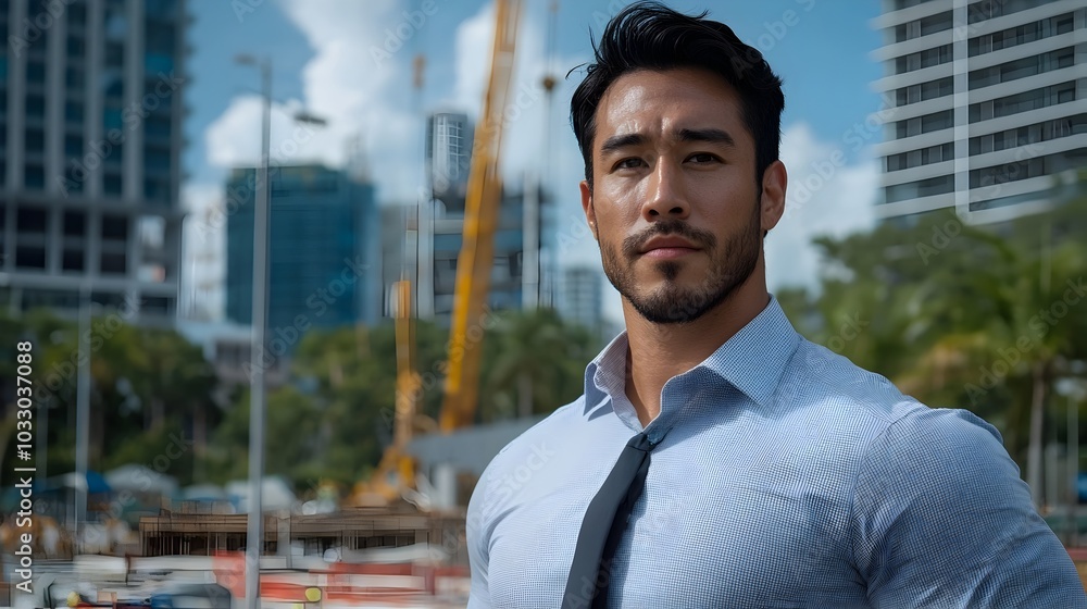 Poster engineer in hard hat overlooking large scale construction site with multiple buildings under develop