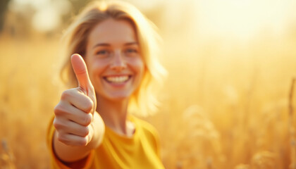 Smiling woman giving a thumbs-up in a sunny field