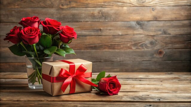Birthday concept with red roses in gift on wooden desk, forty-third celebration, birthday, red roses, gift, wooden desk