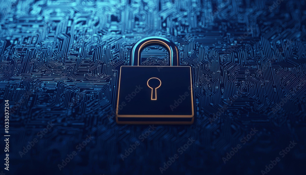Poster a digital padlock symbolizes security in a tech environment, featuring a sleek design set against a 