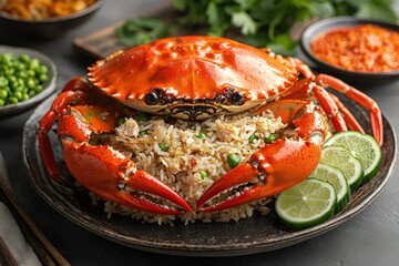 Steamed Red Crab Over Fried Rice with Lime Wedges