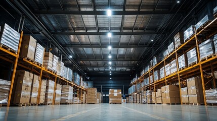 Fototapeta premium Large warehouse interior filled with stacked boxes on shelving units during daylight hours