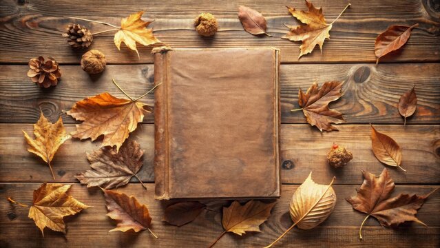Vintage book cover mockup template adorned with dry leaves , vintage, book, cover, mockup, template, dry leaves