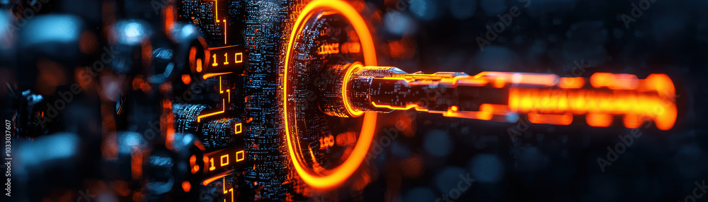 Poster description a futuristic representation of a digital interface featuring glowing orange elements wit