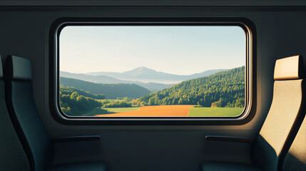 Scenic view from a train window showcasing mountains and lush greenery in a tranquil landscape.