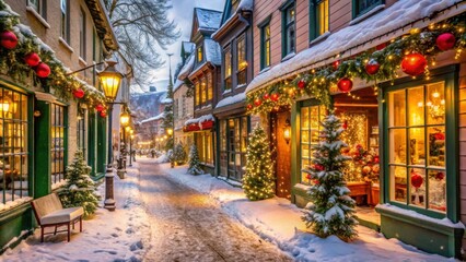 Festive Christmas shopping street with snow, decorated shops, and holiday cheer, Christmas, shopping, street, snow, festive