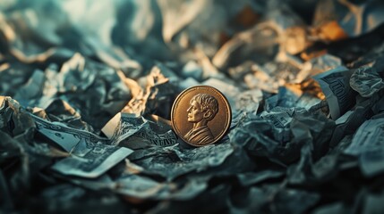 A gold coin laying on crumpled paper money.