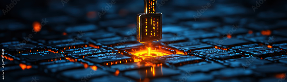 Poster a close-up view of a glowing tool interacting with a textured surface, depicting advanced technology