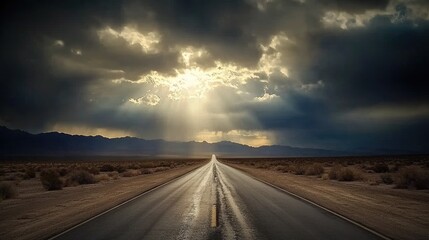 Fototapeta premium Serene Desert Road Under Dramatic Clouds