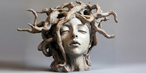 A sculpture of Medusa with closed eyes.