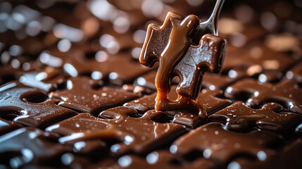 Delicious chocolate puzzle pieces melting with caramel sauce for National Chocolate Day celebration