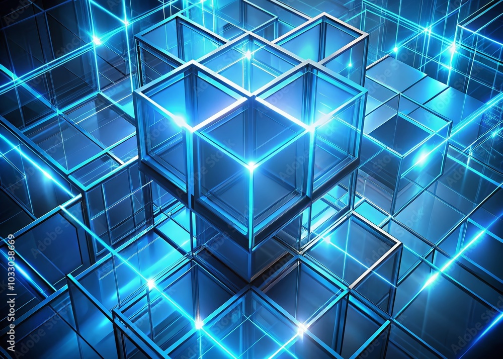 Poster abstract 3d background with neon blue lines and cubes for creative projects and digital art