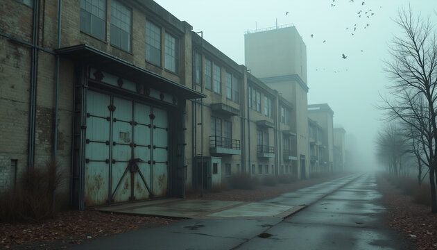 Abandoned warehouse building on a foggy day - Powered by Adobe