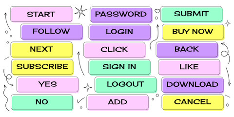 Obraz premium web buttons set y2k , click, download, subscribe, internet, point, arrows, vector