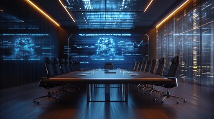 Empty futuristic boardroom with digital screen.