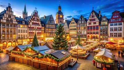 Obraz premium Christmas market in Frankfurt featuring festive decorations, lights, and traditional German crafts, Christmas, market
