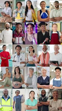 People, happy and confident in collage for diversity, community growth and networking. Smile, portrait and public society in montage with workforce, aspirations or social development responsibility