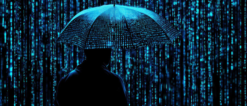 A silhouetted figure under a blue digital umbrella against a backdrop of vertical rain-like binary code, evoking themes of technology and mystery.