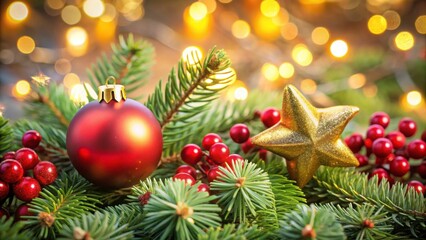 Fototapeta premium Close-up of Christmas tree ornaments with red bauble