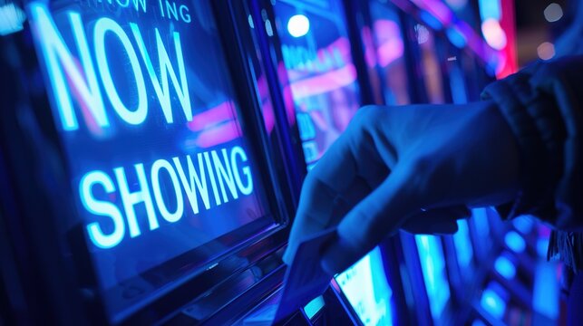 A close-up of a movie theater box office with a customer selecting tickets on a touchscreen kiosk, a "Now Showing" banner. theater, digital,box office,multiplex cinema,art house cinema,anticipated