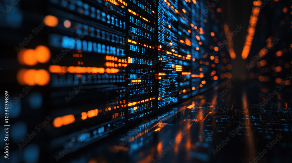 Aufkleber a digital landscape showcasing vibrant blue and orange data streams, representing advanced technolog