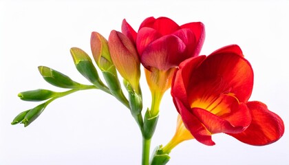 Freesia red on white background isolated. Beautiful flower.