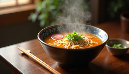 Steaming bowl of ramen served in a cozy kitchen