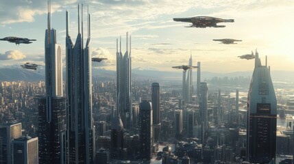 Naklejka premium Futuristic city with flying vehicles.