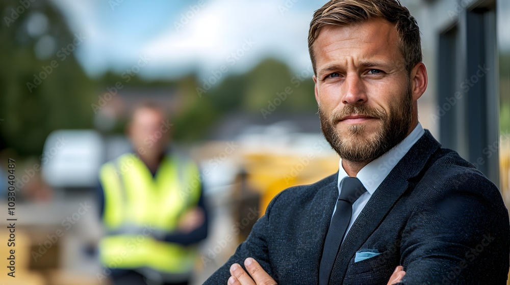 Poster experienced civil engineer standing confidently while inspecting and strategizing for a major constr