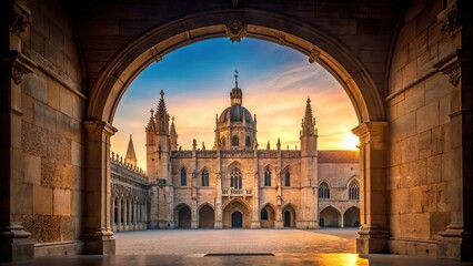 Fototapeta premium Historical Lisbon Jeronimos Monastery entrance silhouette at sunset