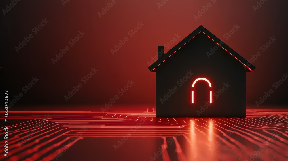 Poster a digital house icon with a padlock, illuminated against a dark red background featuring circuit pat