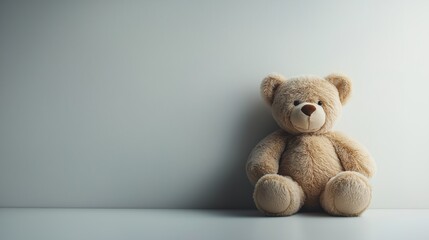 a solitary teddy bear placed against a pristine white background, evoking feelings of nostalgia and comfort. the simplicity of the scene highlights the bear's soft texture and inviting