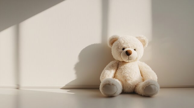 a solitary teddy bear placed against a pristine white background, evoking feelings of nostalgia and comfort. the simplicity of the scene highlights the bear's soft texture and inviting