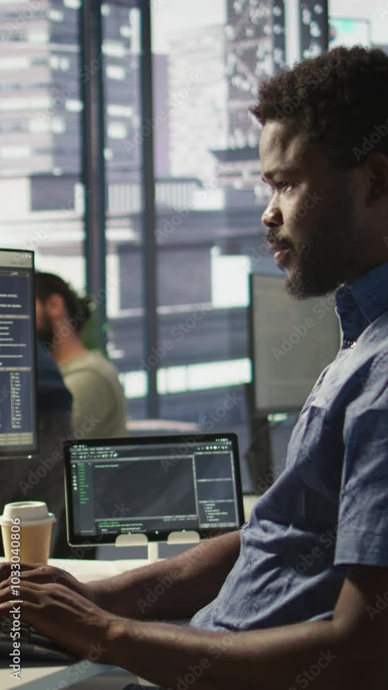 Poster vertical video system administrator at work creating machine learning models that can process and an
