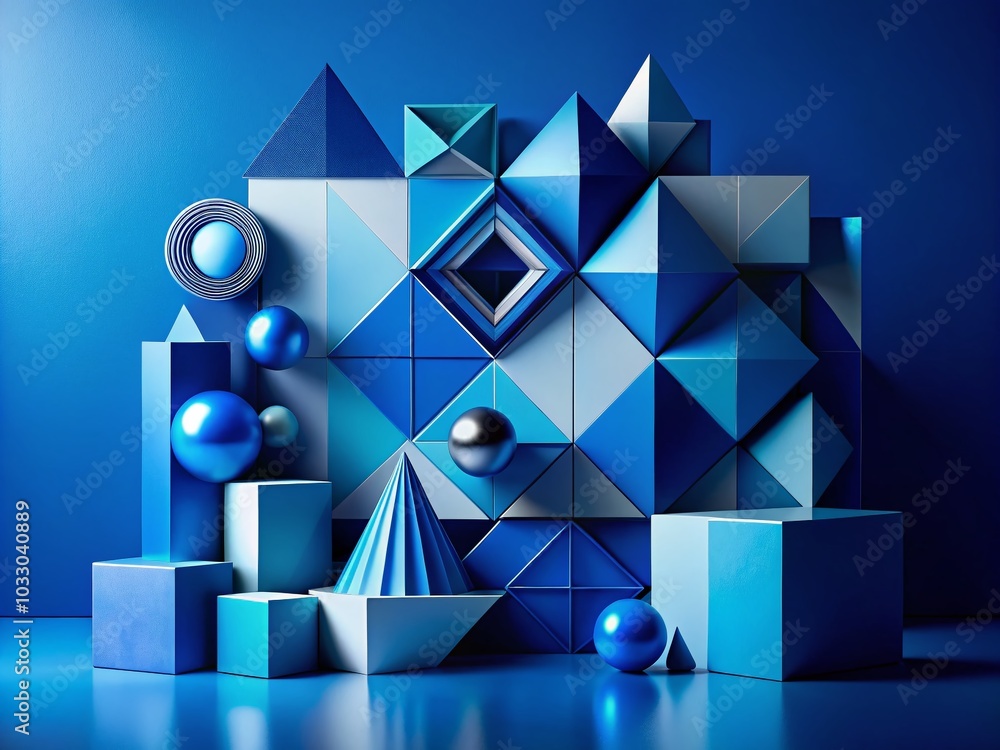 Poster abstract geometric shapes on blue background with dynamic light and shadow effects for modern design