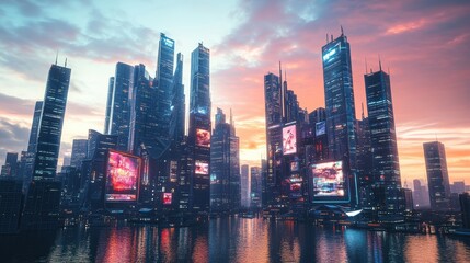 Fototapeta premium Neon-lit cityscape reflecting in water at sunset.