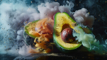 A green avocado cut in half is surrounded by stylish colored thick mysterious smoke and ashes. Mystical food background. A natural vegan product. Healthy eating