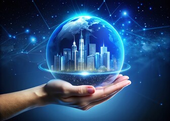 Abstract Human Hand Holding Hologram of Digital City and Glowing Planet on Blue Background for Futuristic Concepts