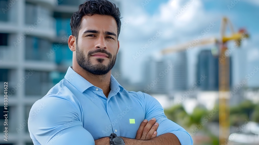 Poster experienced civil engineer overseeing construction project with expertise and precision standing wit