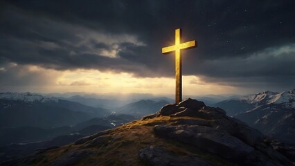A shining golden holy cross on a top of a mountain, symbolizing Jesus Christ moments and spreading Christmas blessings. Perfect for religious and holiday-themed visuals.