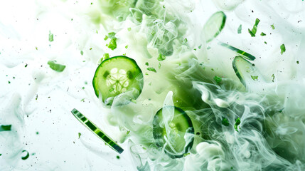 Several slices of juicy cucumber float in the air in a white-green mysterious swirling smoke. A natural ingredient for salads. It is used in cosmetology. A vegan diet