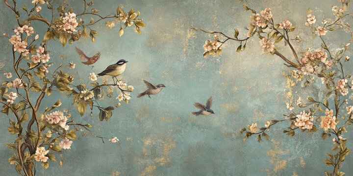 Vintage floral painting with birds on branches.