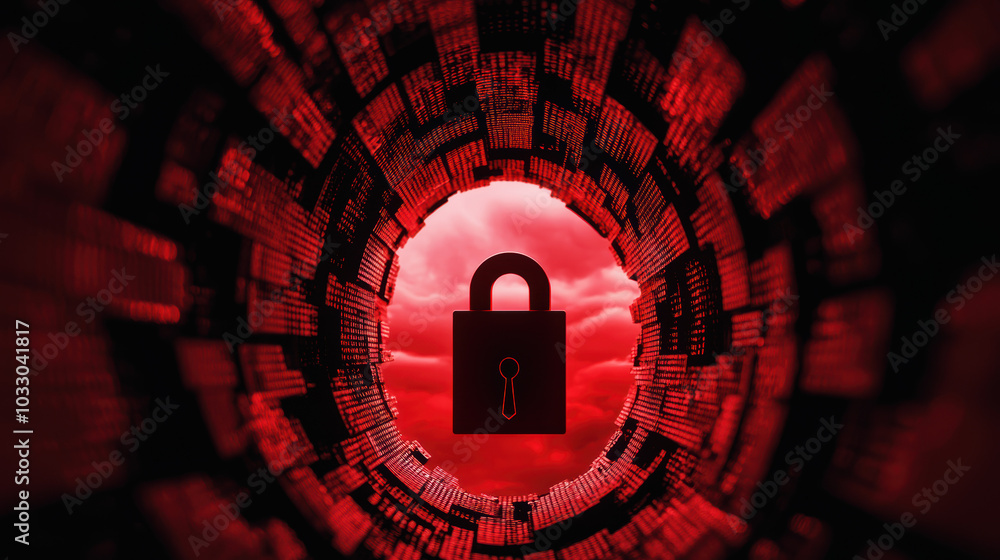 Poster a lock symbol emerges from a red digital tunnel, representing security and privacy in technology.