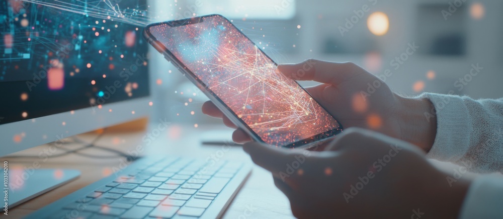 Poster close up of hands holding a smartphone, with a blurred background of a computer monitor and a keyboa